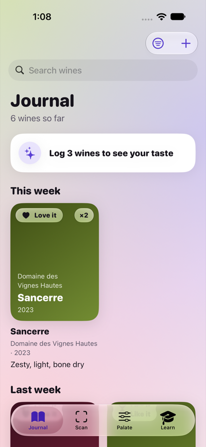 The journal screen, a list of wines you have logged