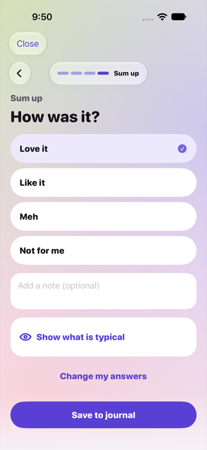The sum up screen, where you give a verdict
